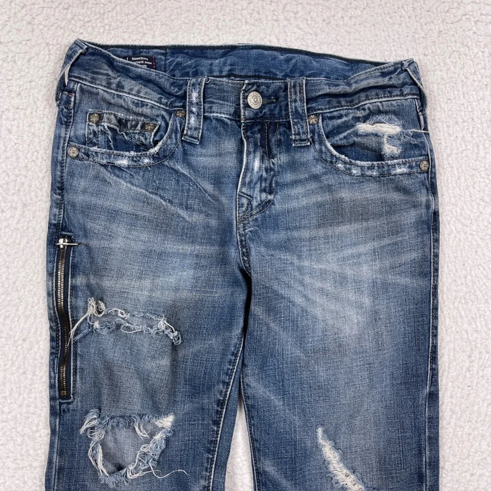 True Religion Rocco Jeans Mens 29 Blue Distressed Relaxed Skinny Side Zip Moto
